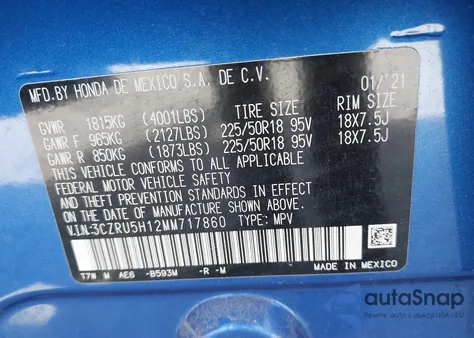 2021 Honda Hr-V 2Wd Sport z USA, uszkodzony, nr VIN 3CZRU5H12MM717860